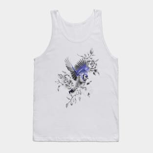 Blue Jay Flying Away with Flowers Design Tank Top